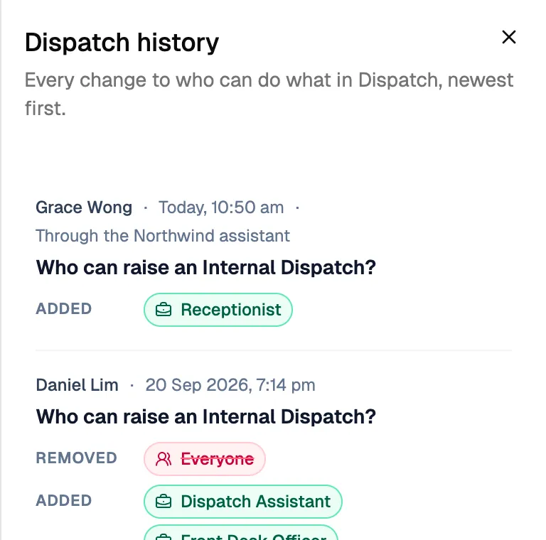 The access history: each change, who made it and how.