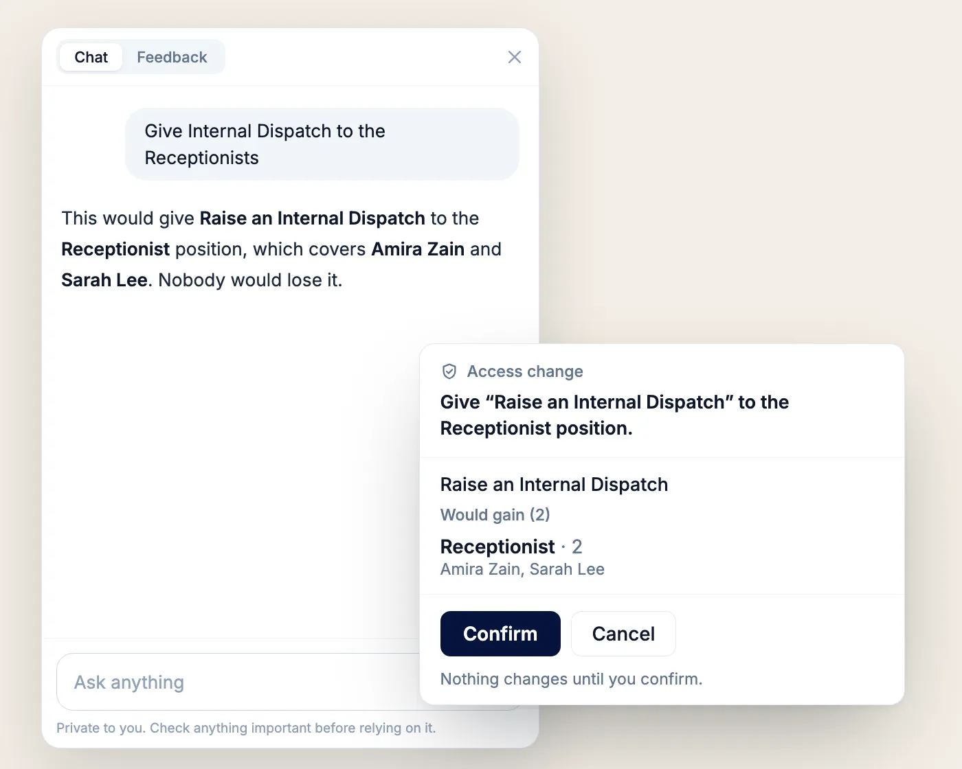 An access change proposed by the assistant, waiting for a person to confirm.