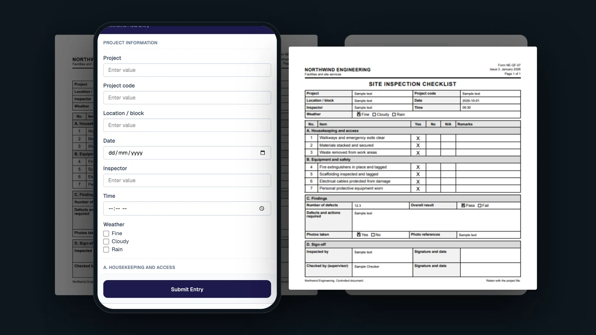 The same template as the phone form and as the printed paper with sample values.