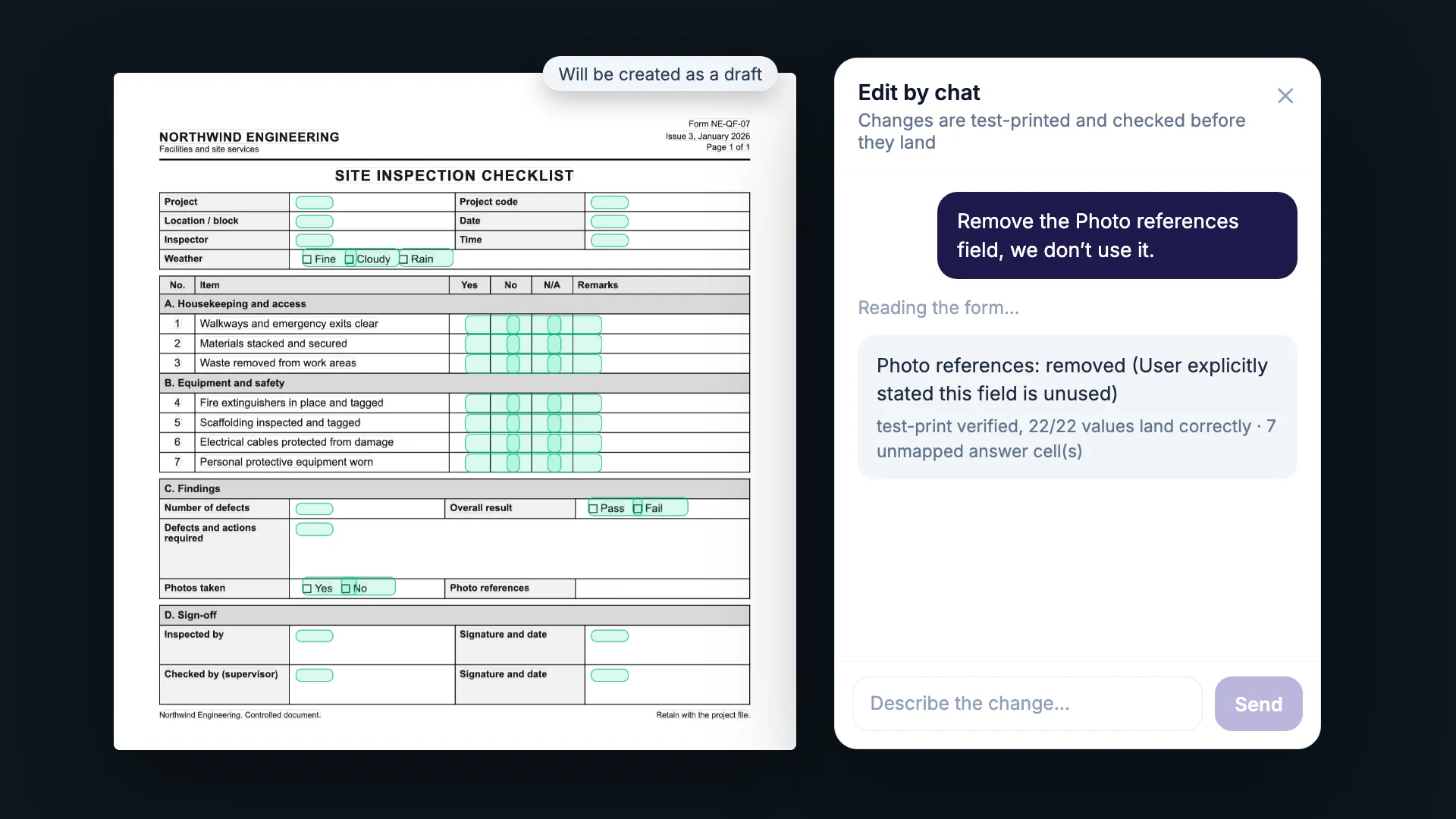 Edit by chat: Photo references removed, test print verified, 22 of 22 values land correctly, 7 unmapped answer cells.