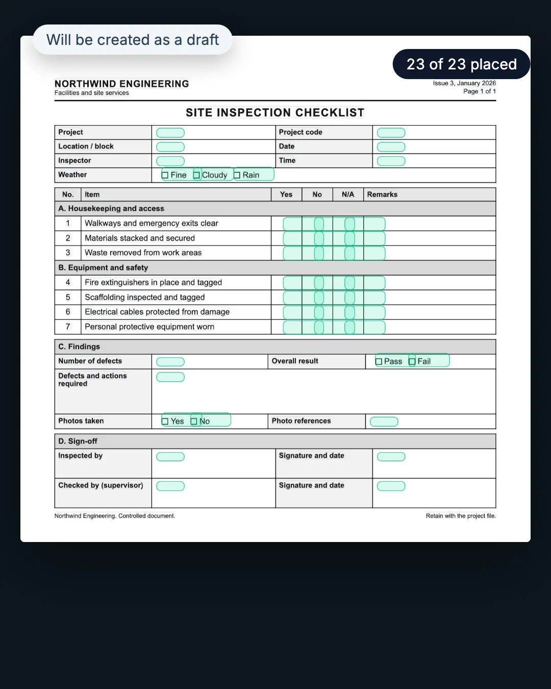 The imported form with each field’s answer box marked, 23 of 23 placed, opened as a draft.