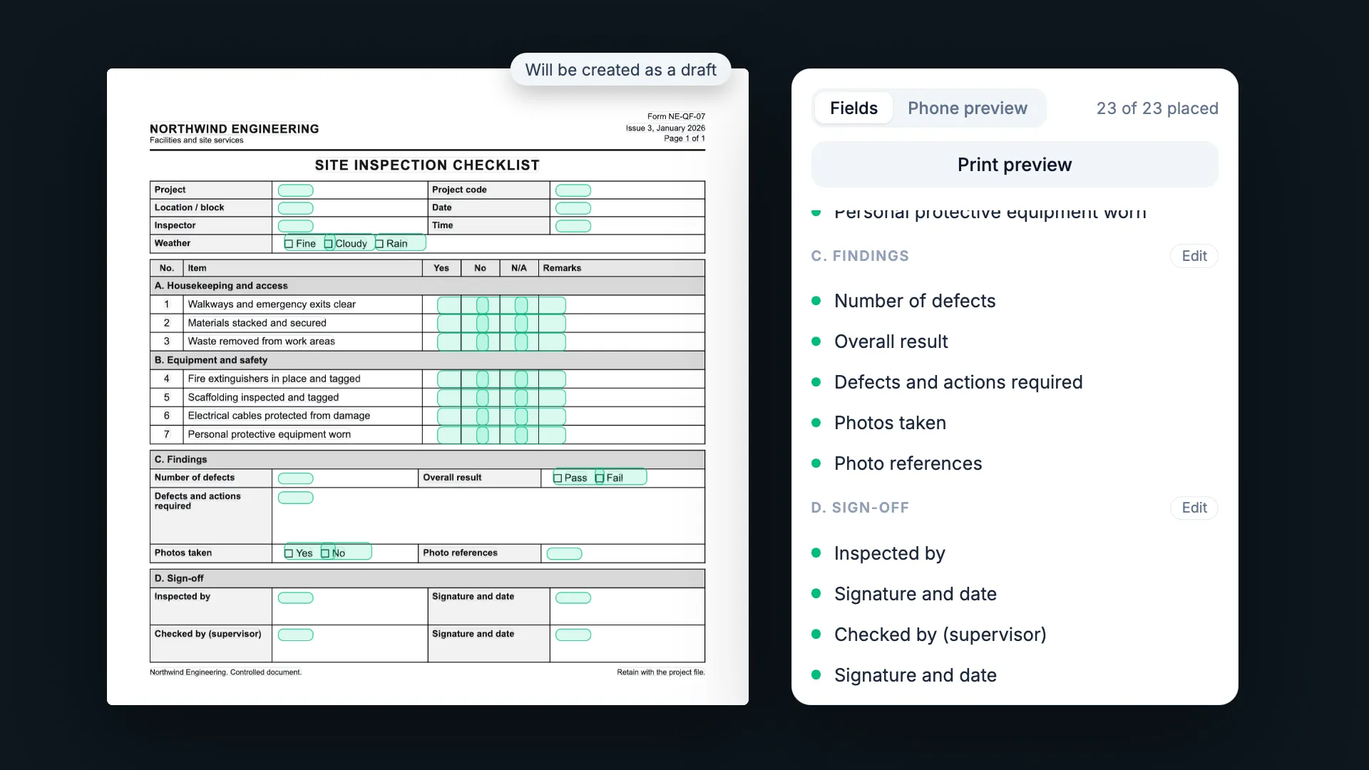 The imported form in the builder, 23 of 23 fields placed, as a draft.