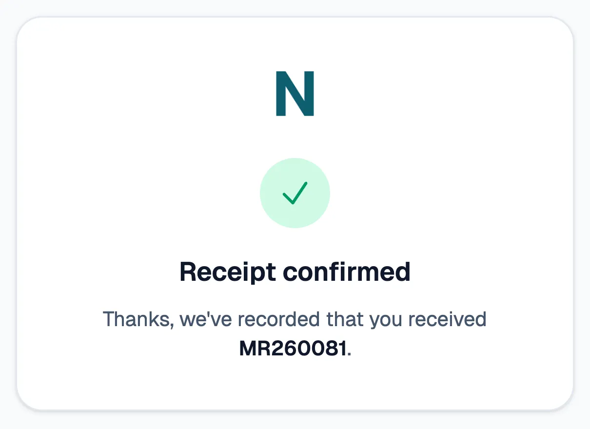The recipient’s confirmation page: receipt confirmed for MR260081.