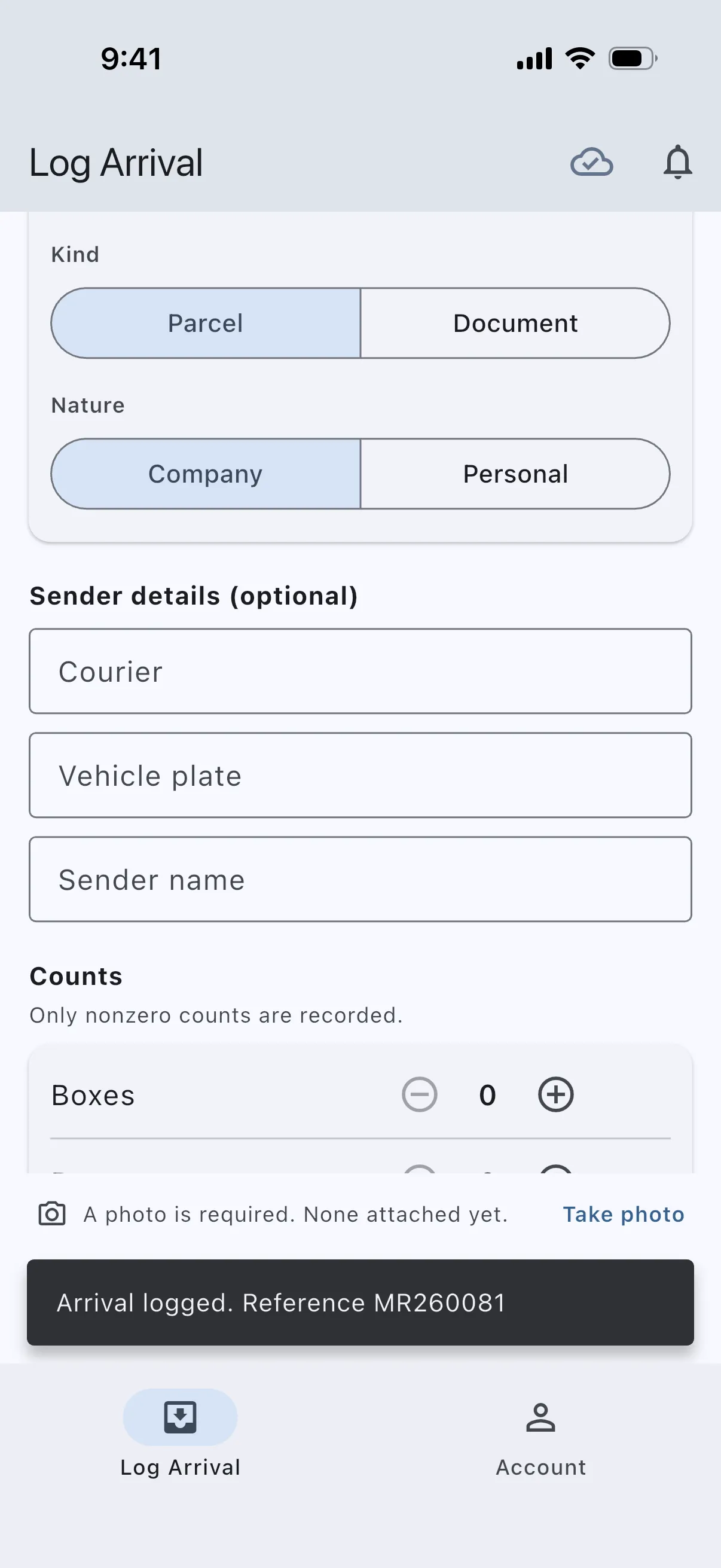 The guard’s phone: arrival logged, reference MR260081.
