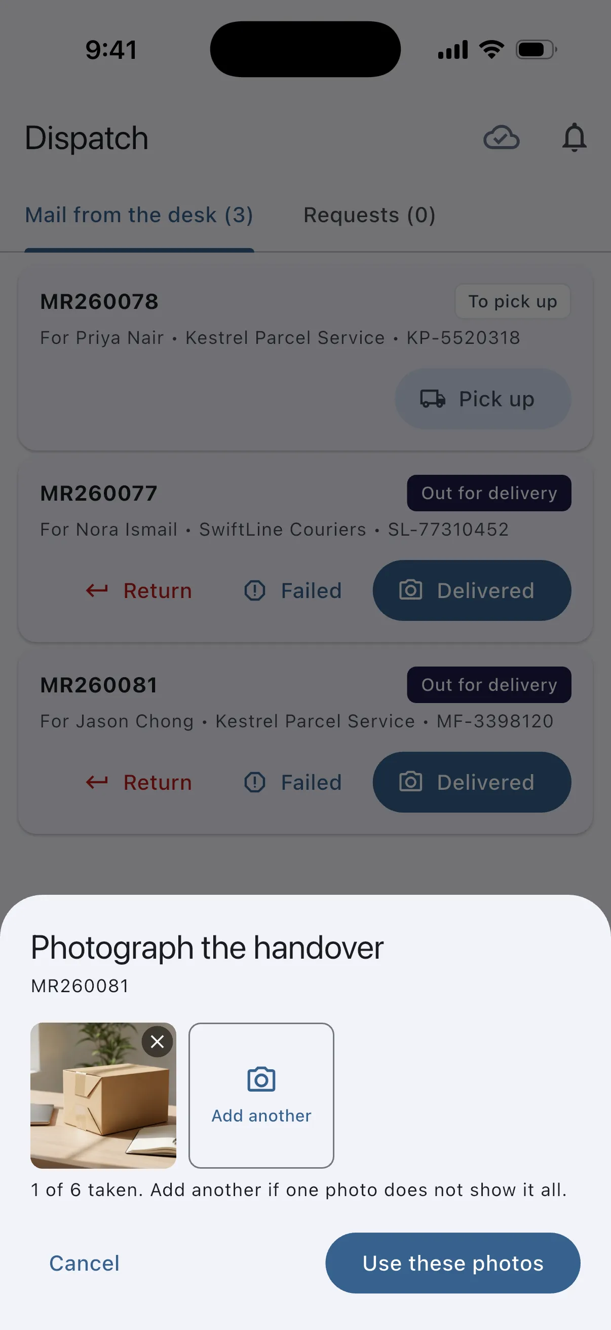 The dispatch assistant’s phone: photograph the handover, one of six photos taken.