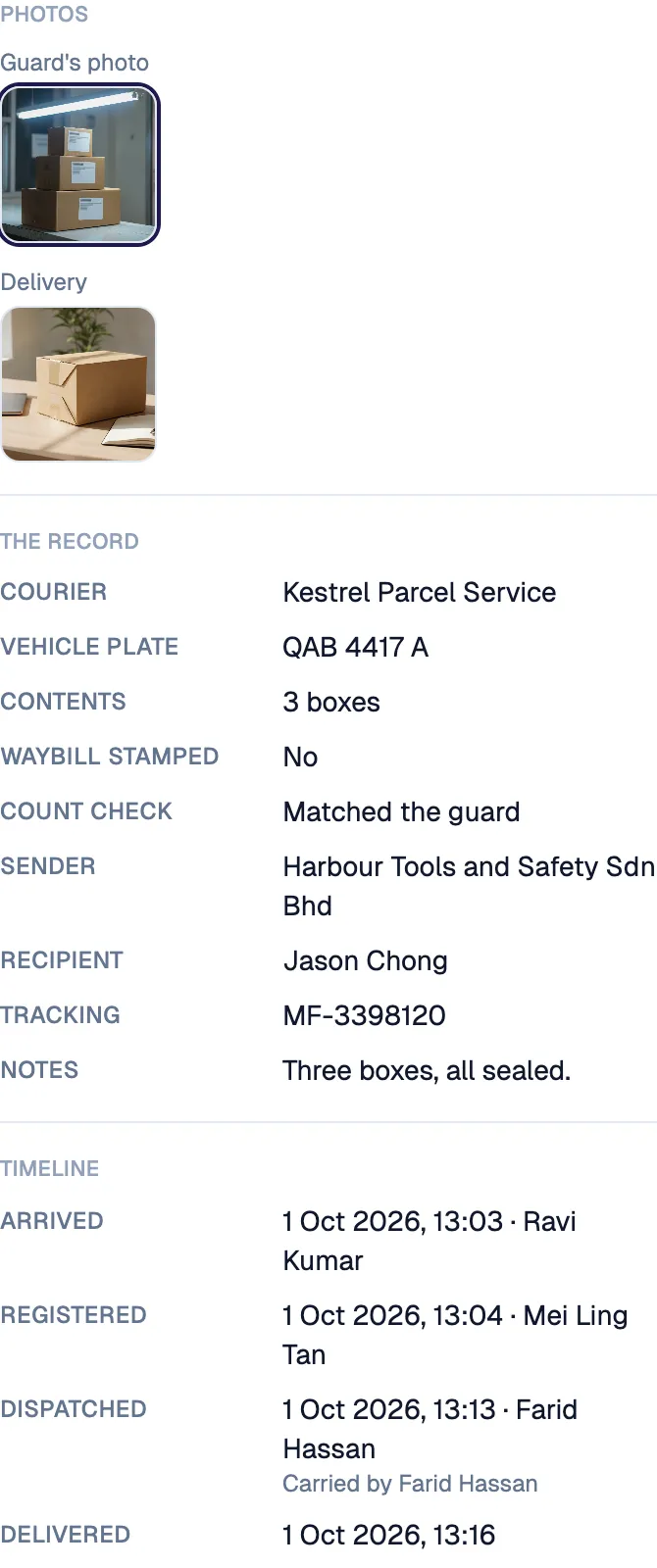 The item’s record: the guard’s photo, the delivery photo, and the timeline from arrival to delivery.