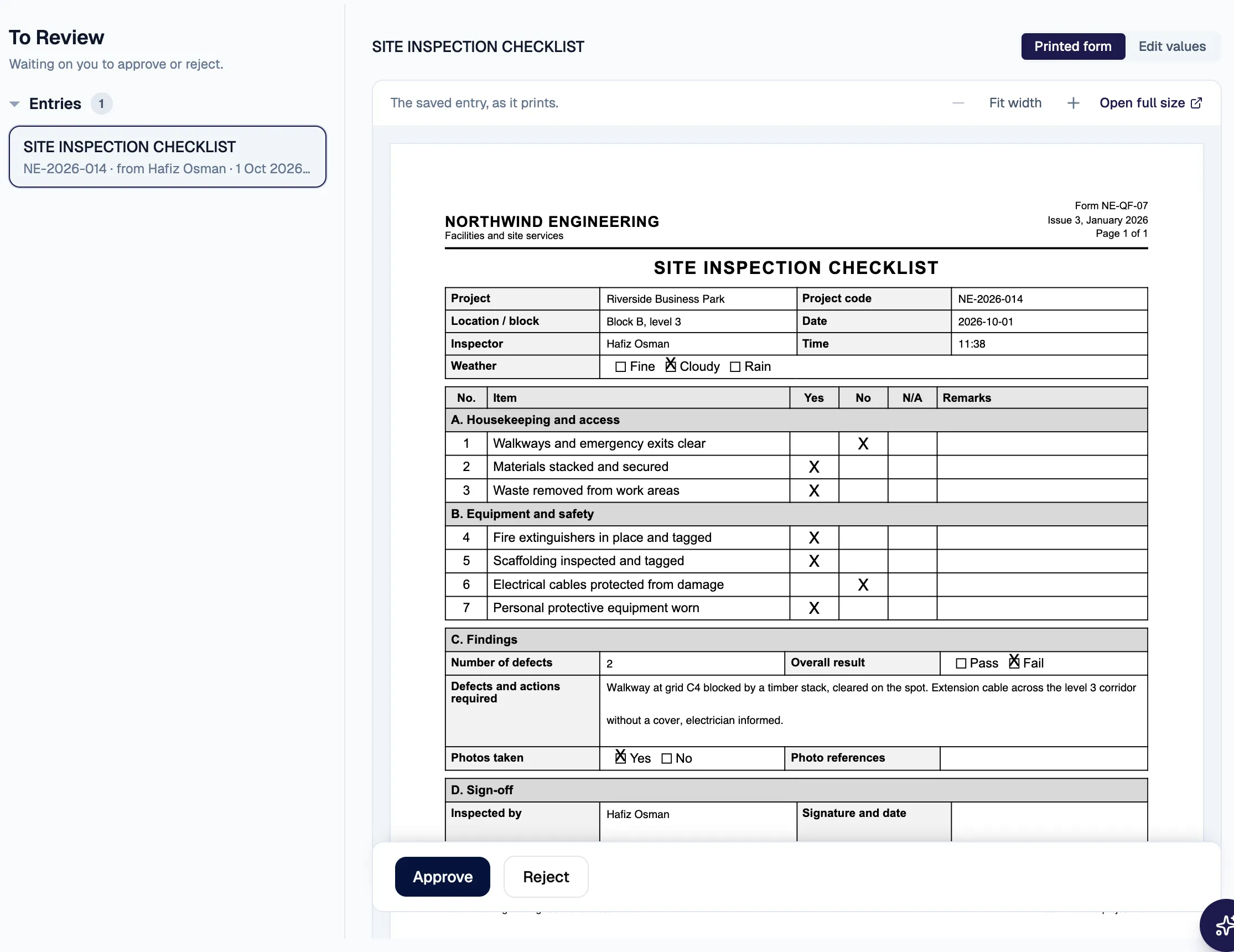 In the office, the synced record waits in the checker’s review queue, shown as its printed form.