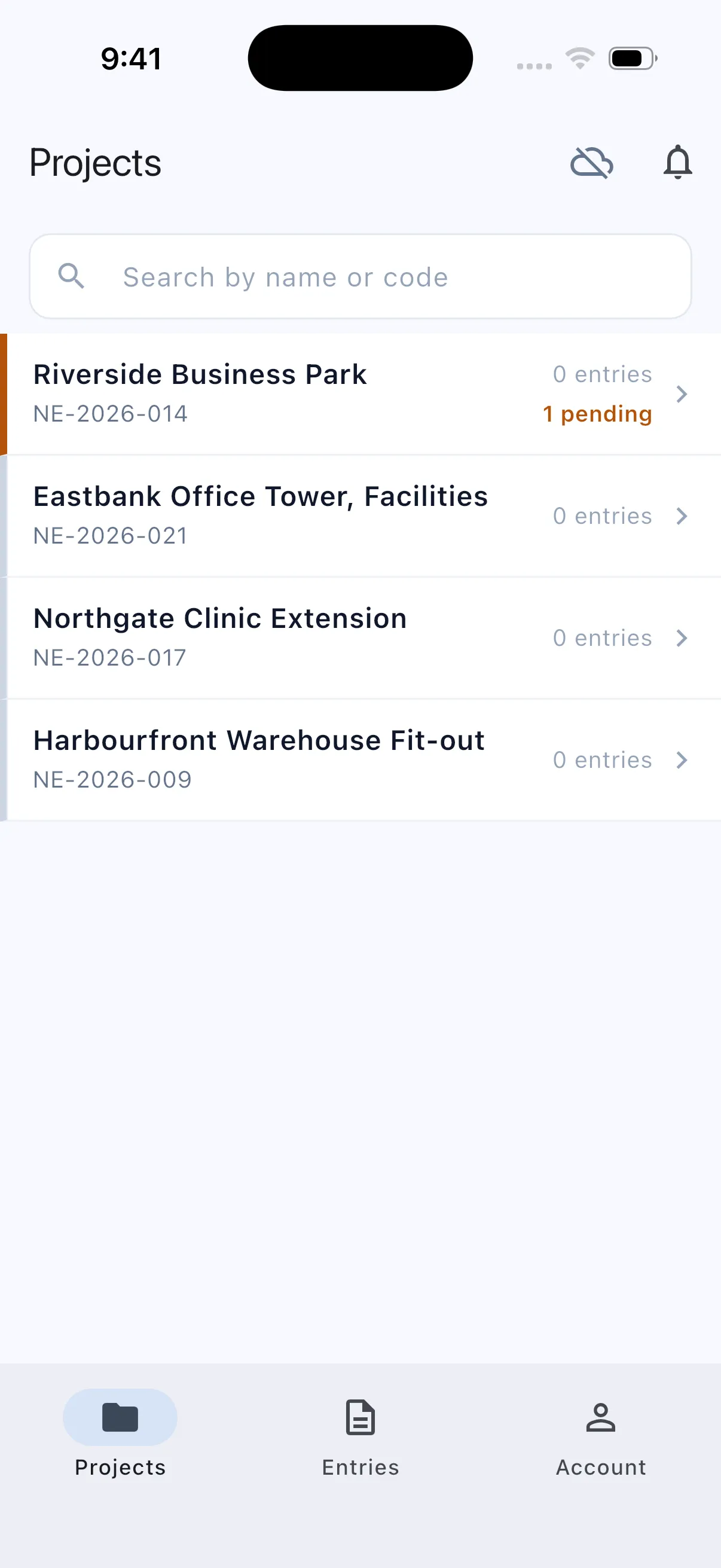 On the phone with no signal: the project shows 1 pending, saved on the device.