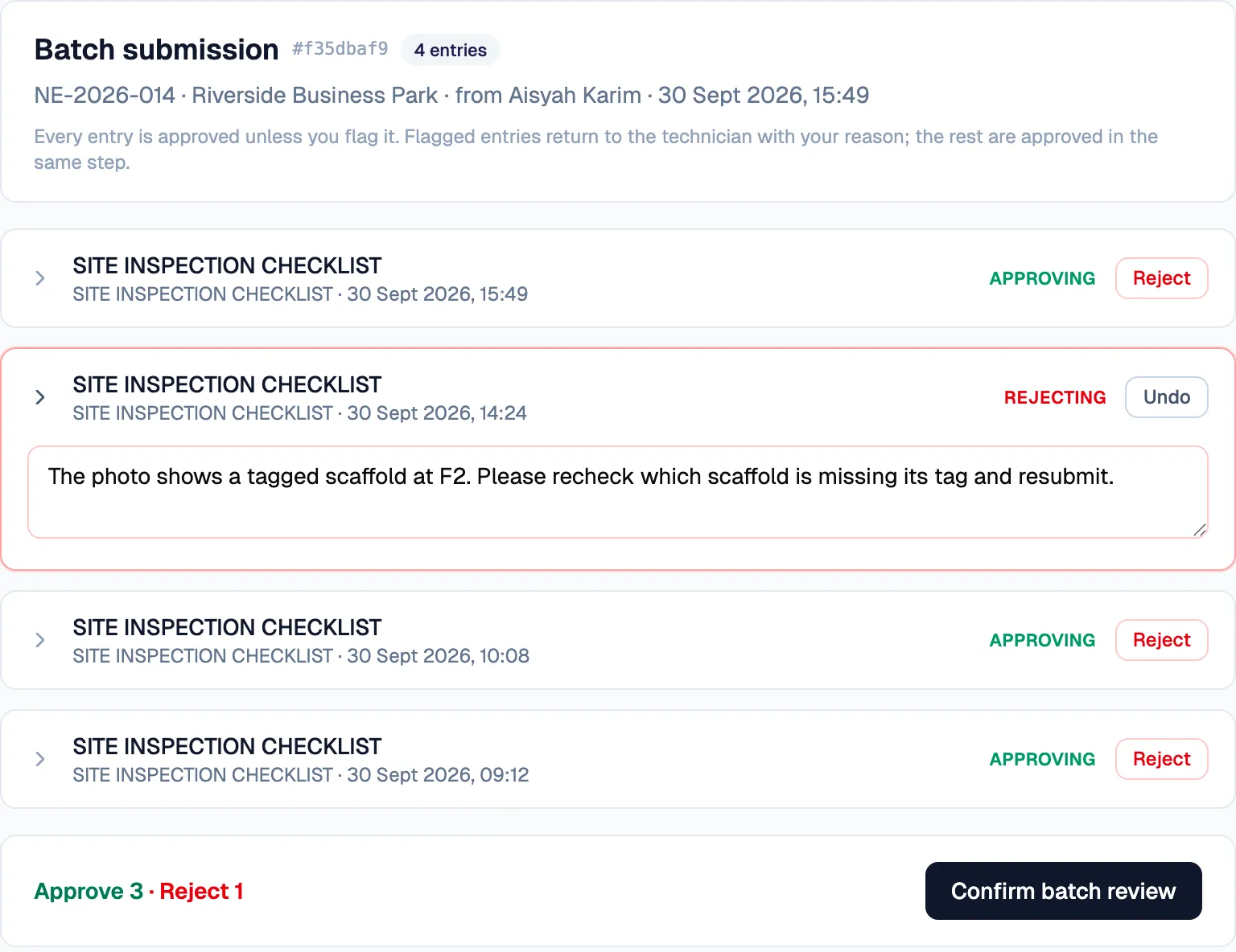 One record of four flagged with its reason; the footer reads approve 3, reject 1.