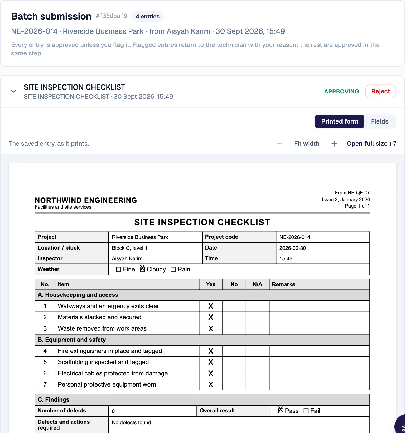 A submitted inspection record drawn as its printed paper form, with the answers in the original boxes.